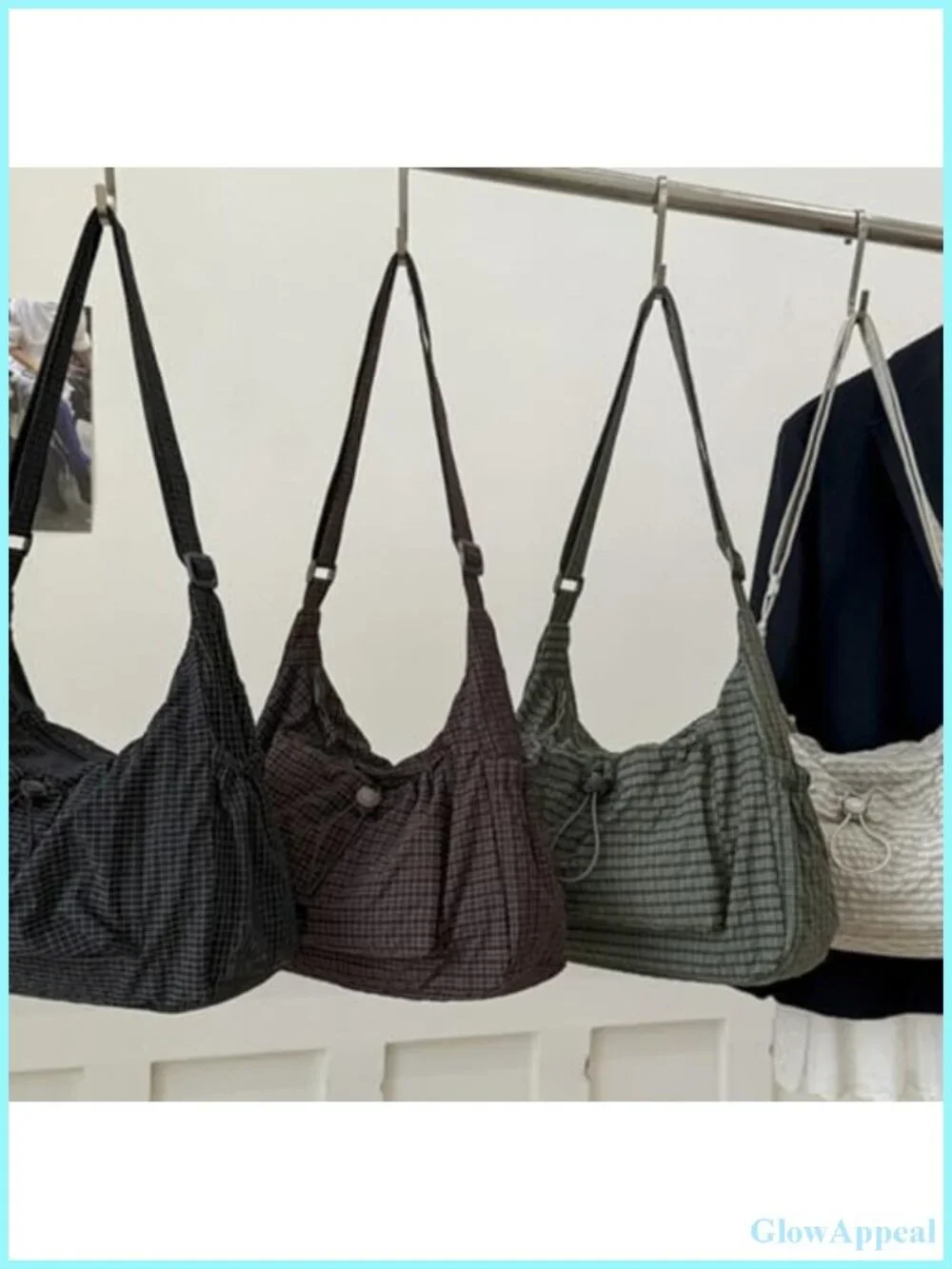 Nylon Hobo Bag Lightweight Plaid Messenger Drawstring Crossbody Shoulder Handbag